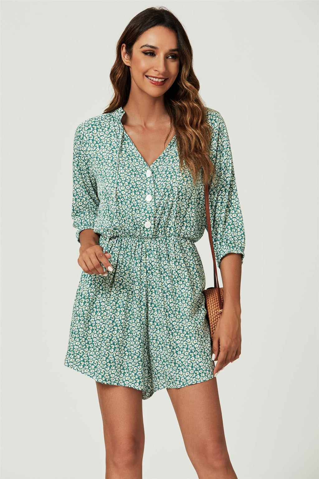 Gänseblümchen-Blumendruck Boho-Playsuit mit Knöpfen in Grün