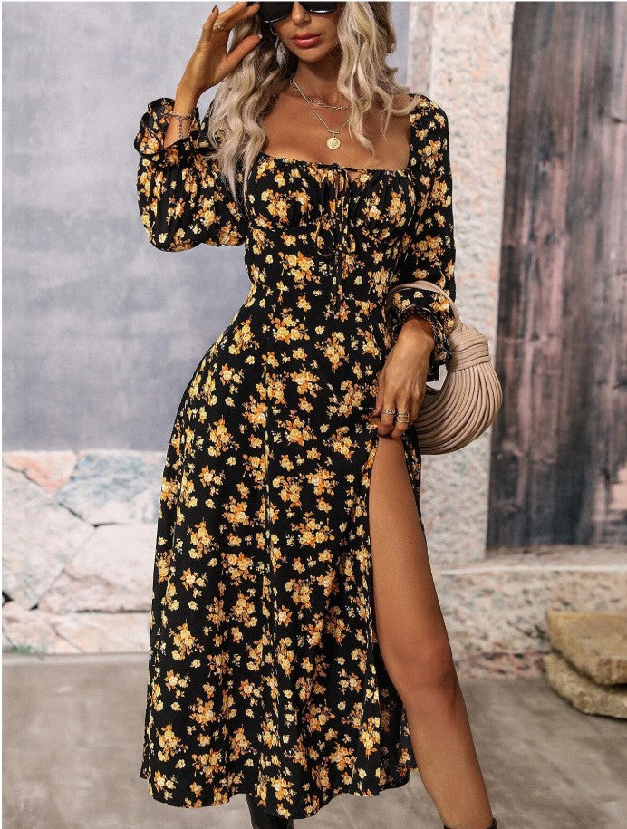 Robe à manches longues à imprimé floral, coupe mode, col carré, fente à l'ourlet, vêtements pour femmes