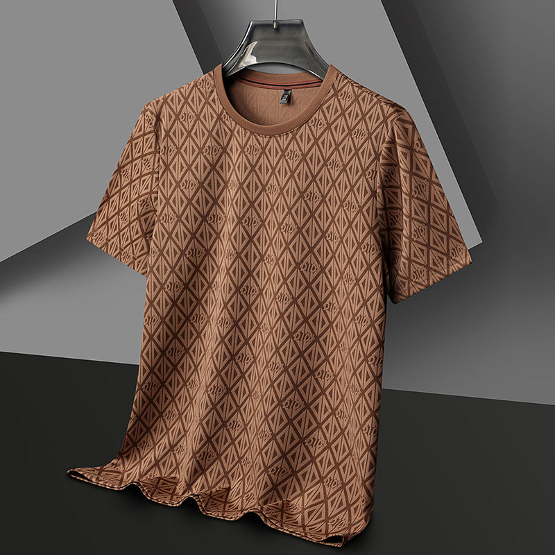 Men's Round Neck Jacquard Short Sleeve Cool Antibacterial Fashion Brand Casual Fashion Half Sleeve