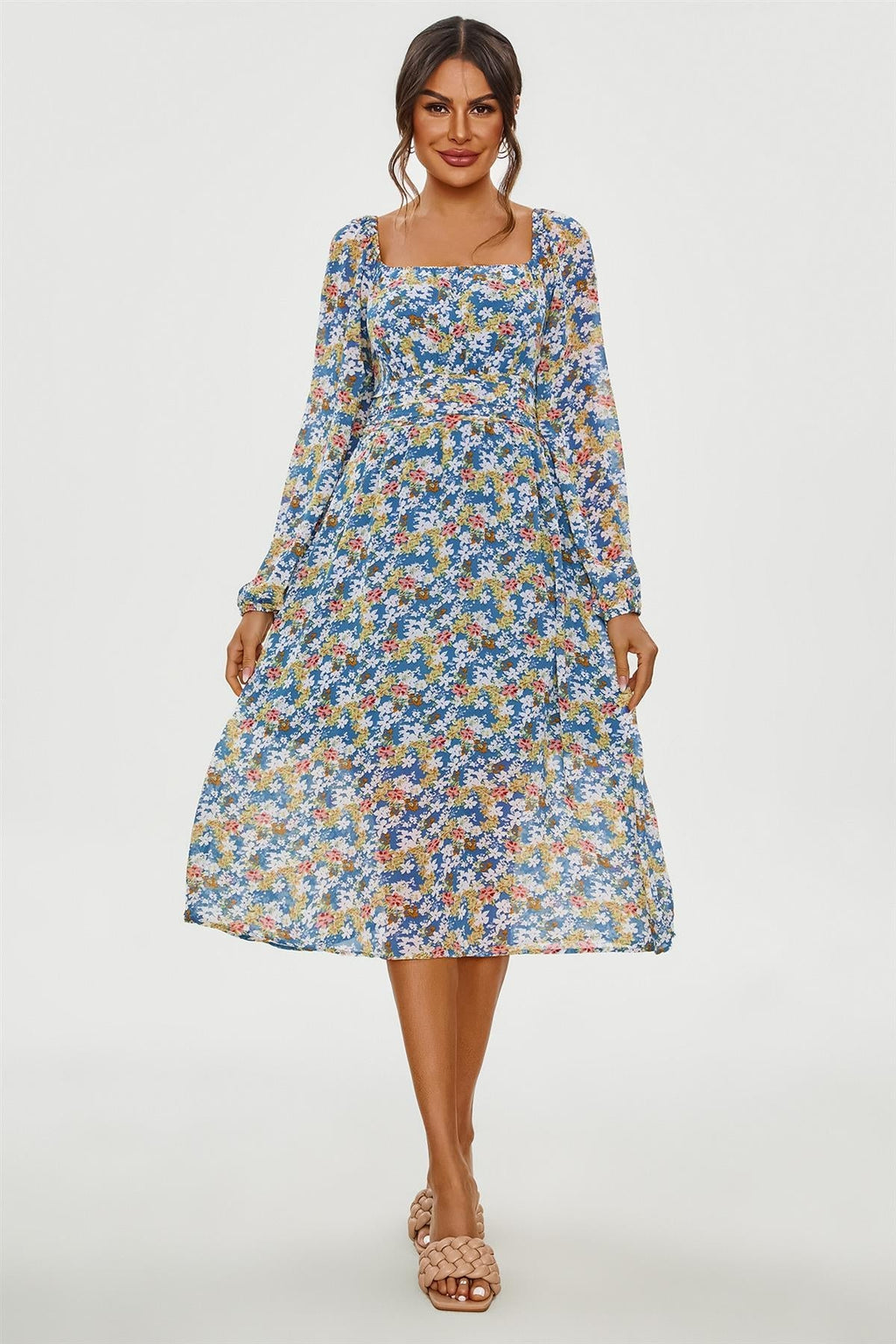 Maxikleid mit Blumenmuster und langen Ärmeln in Blau