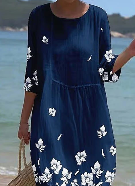 Damen lässiges Rundhals-Kleid aus Baumwolle und Leinen mit halbem Ärmel und Print