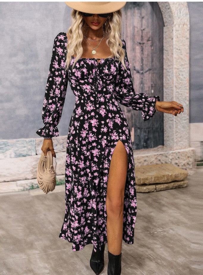 Robe à manches longues à imprimé floral, coupe mode, col carré, fente à l'ourlet, vêtements pour femmes