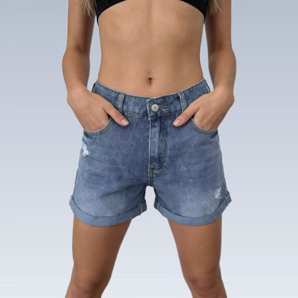 Short en jean décontracté pour femme, style rétro et usé