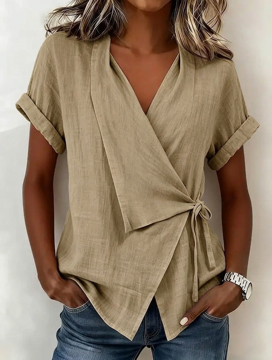 Haut décontracté pour femme à revers et manches courtes, avec lacets