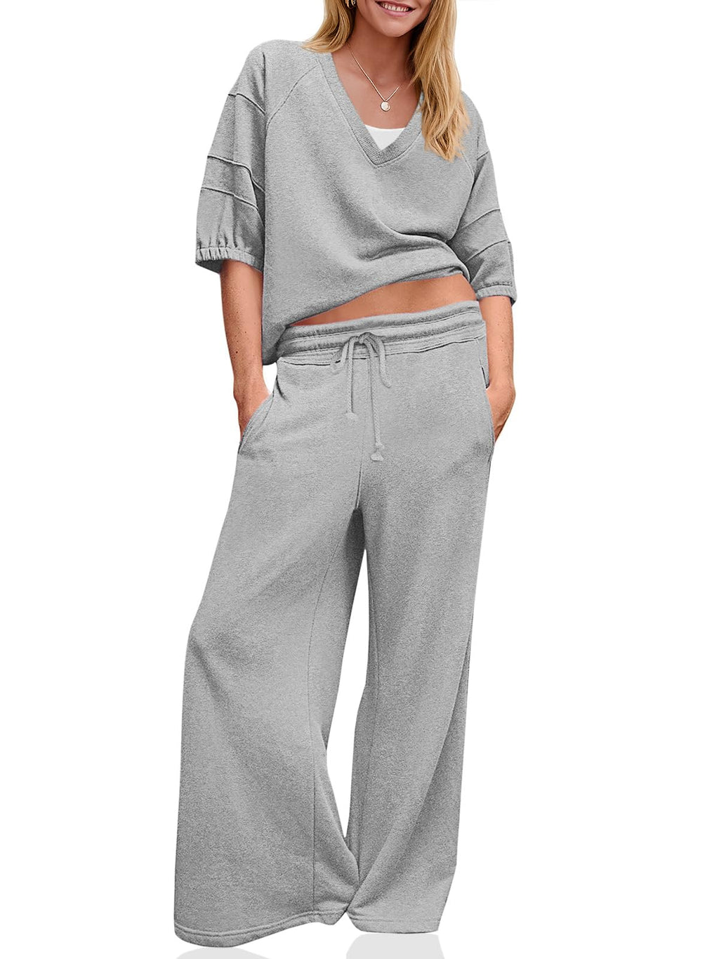 Fisoew Damen 2-teiliges Outfit Lässig V-Ausschnitt Hemden Weite Lange Jogginghose Lockeres Workout-Trainingsanzug-Set
