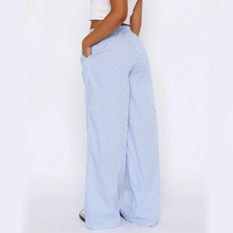 Gestreifte Hose mit Taschen, im Mode-Stil, lässige weite gerade Hose, Damenbekleidung