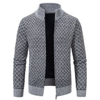 Thickened Plaid Print Jacket Cardigan Fashion Slim Fit Zipper Stand Collar Sweater Winter Men's Casual Long Sleeve Knitted Top Clothing