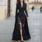 Chic Spitzenanzugkragen zweiteiliges langärmeliges Kleid für Damen