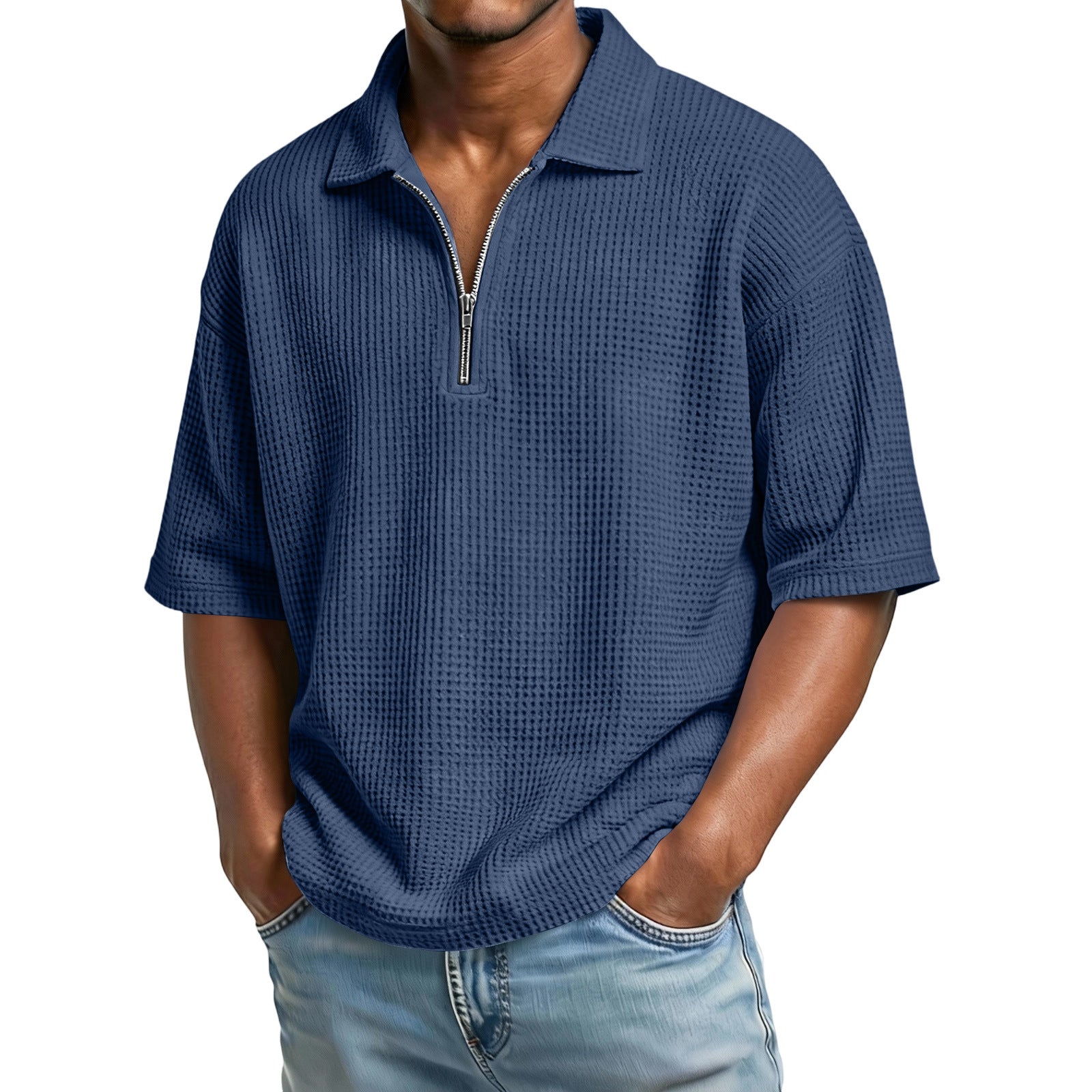 Men's Waffle-Weave Short-Sleeved Shirts Summer Solid Color Lapel Polo Shirt T-Shirt Beach Style Tops