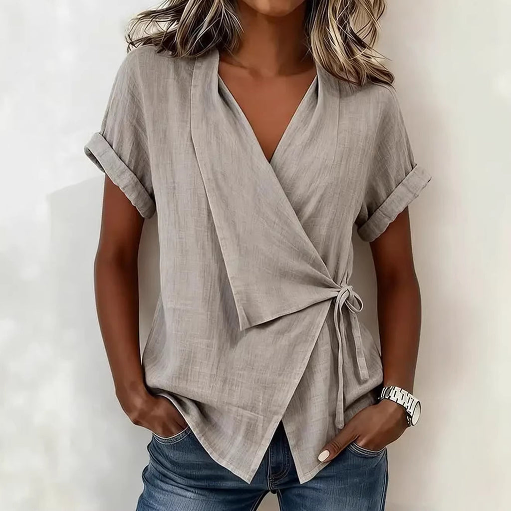 Haut décontracté pour femme à revers et manches courtes, avec lacets