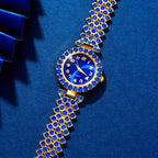 Luxuriöse blaue und transparente Damenuhr mit Quarz-Design und passendem Set