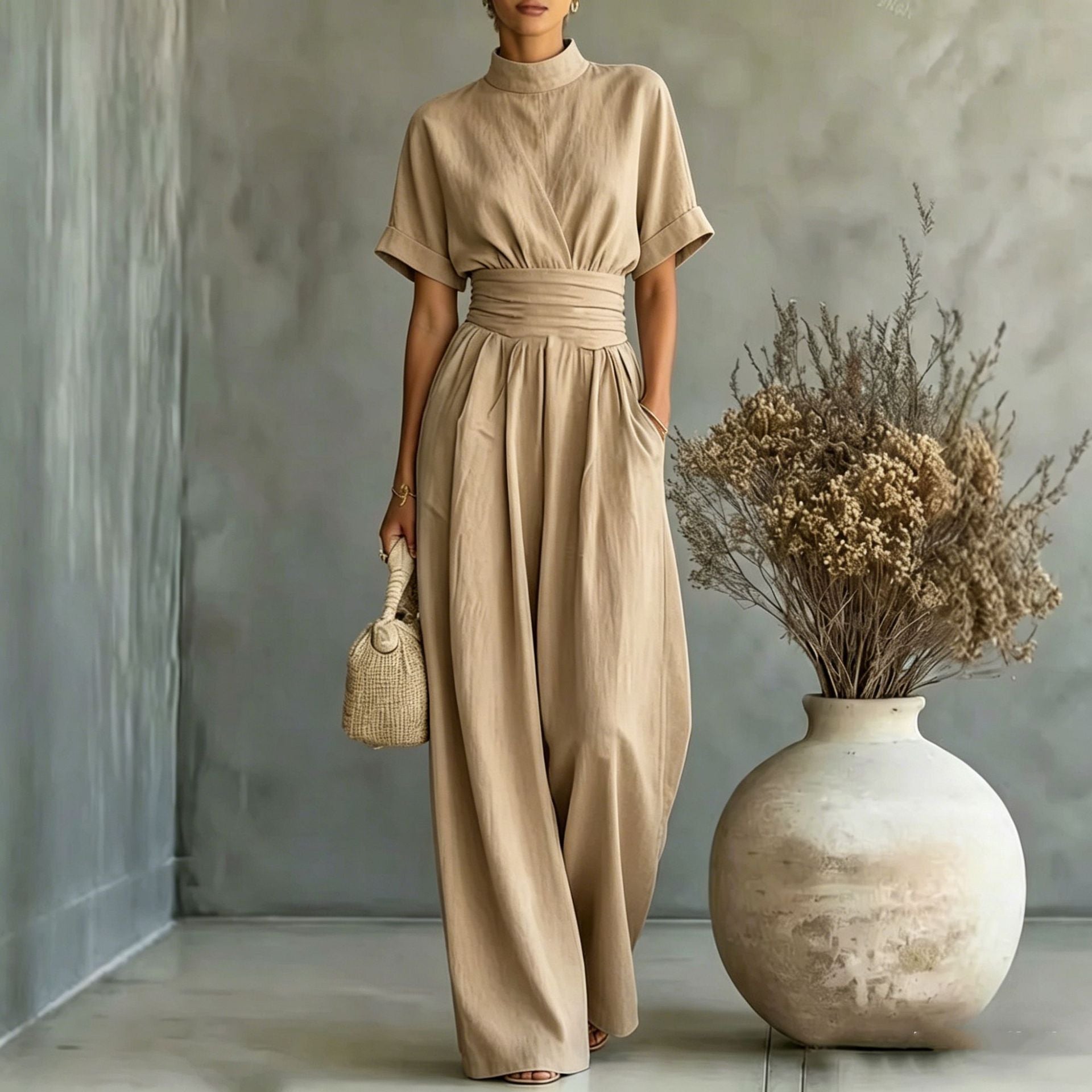 Half high neck short sleeved wide leg jumpsuit