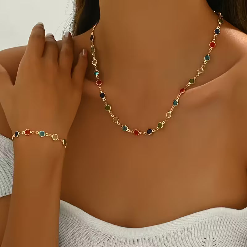 Set aus 2 Halsketten und Armbändern – leicht, luxuriös, stilvoll, modisch, farbenfroh, rund