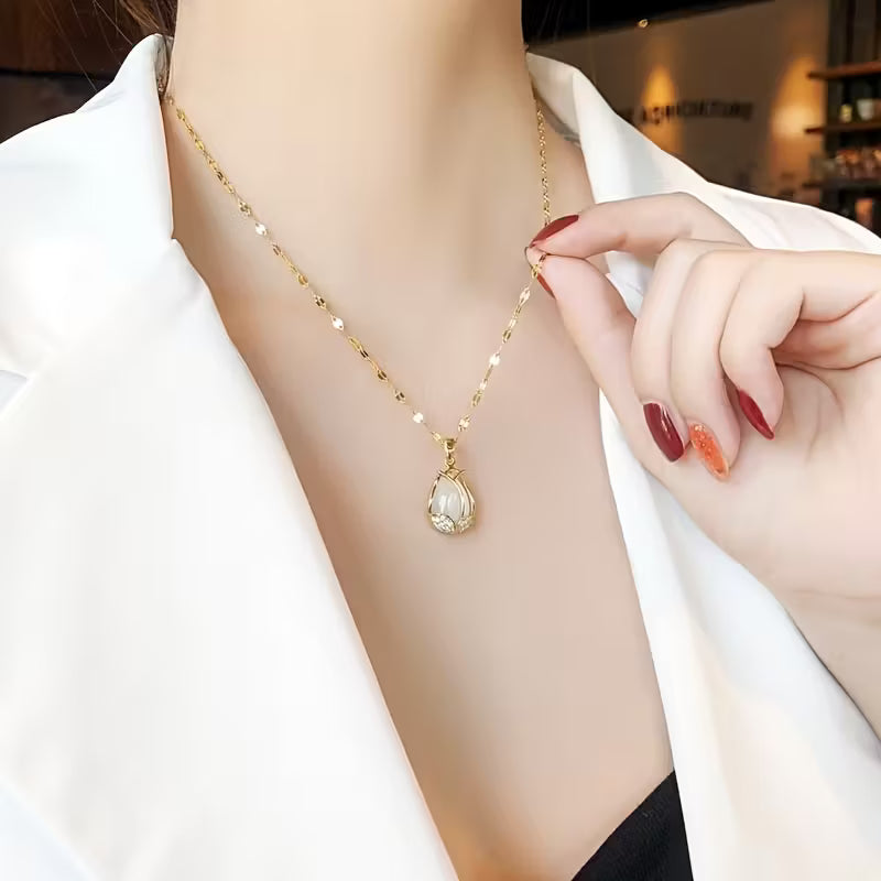 Collier élégant tulipe | Acier inoxydable avec détails en cristaux synthétiques