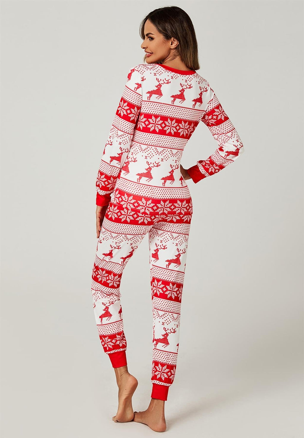 Weihnachts-Sweatshirt-Set mit Hose, Pyjama-Set in Weiß & Rot mit Schnee-Rentier-Motiv