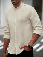 Mens SpringAutumn Small Stand Collar Striped Cardigan Solid Color Long-Sleeve Shirt