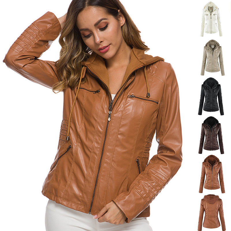 Mode Veste en cuir à capuche détachable avec poches Casual Uni Fermeture éclair Manches longues Veste en cuir Automne Hiver Vêtements pour femmes