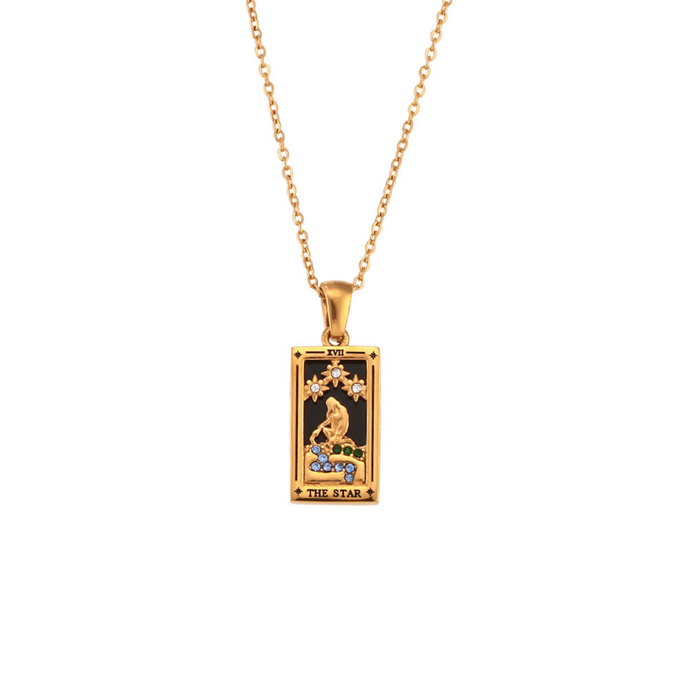 Mode Tarot Halskette mit Strasssteinen, Diamantbesetzter Anhänger, Rechteckige Tropfenhalskette aus Edelstahl, Schmuck