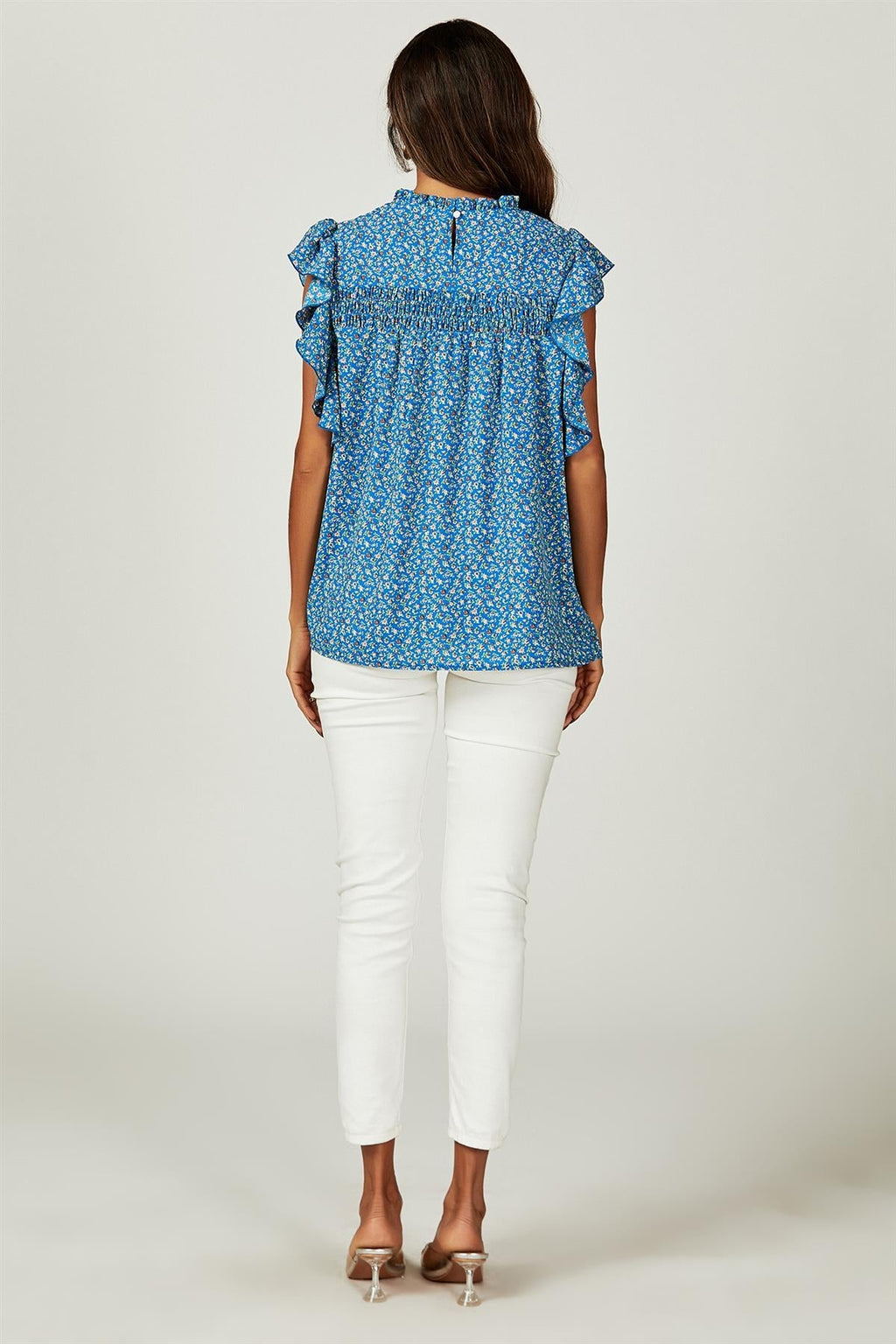 Blumendruck Rüschensaum Kurzarm-Bluse Top in Blau