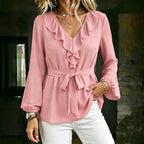 Elegante Damen Bluse mit V-Ausschnitt, Rüschen und Bindegürtel, Laternenärmel Langarm-Oberteil