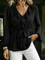 Elegante Damen Bluse mit V-Ausschnitt, Rüschen und Bindegürtel, Laternenärmel Langarm-Oberteil