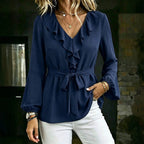 Elegante Damen Bluse mit V-Ausschnitt, Rüschen und Bindegürtel, Laternenärmel Langarm-Oberteil