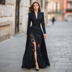 Chic Spitzenanzugkragen zweiteiliges langärmeliges Kleid für Damen