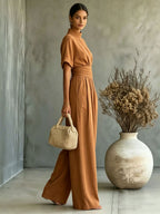 Half high neck short sleeved wide leg jumpsuit