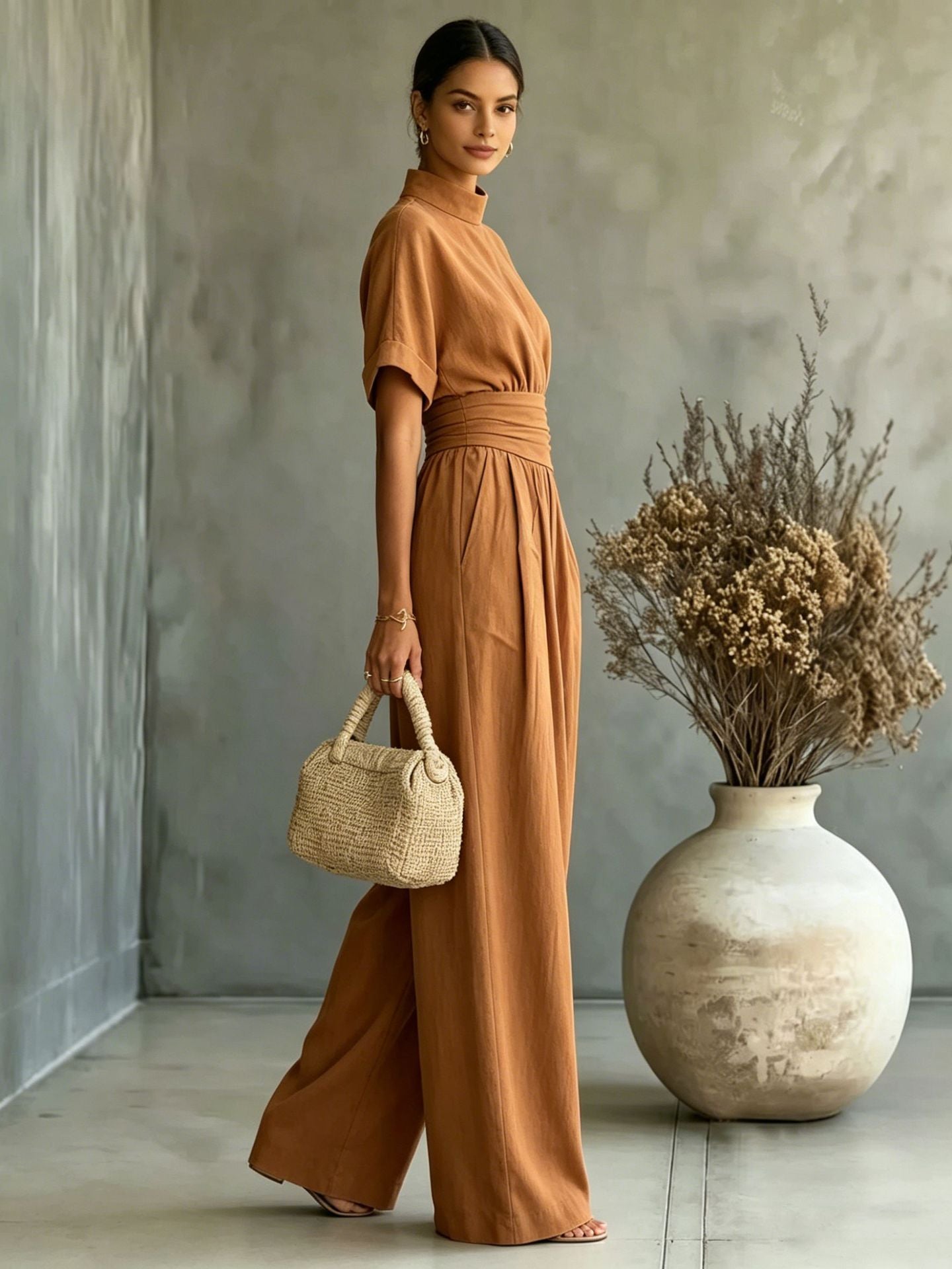 Half high neck short sleeved wide leg jumpsuit