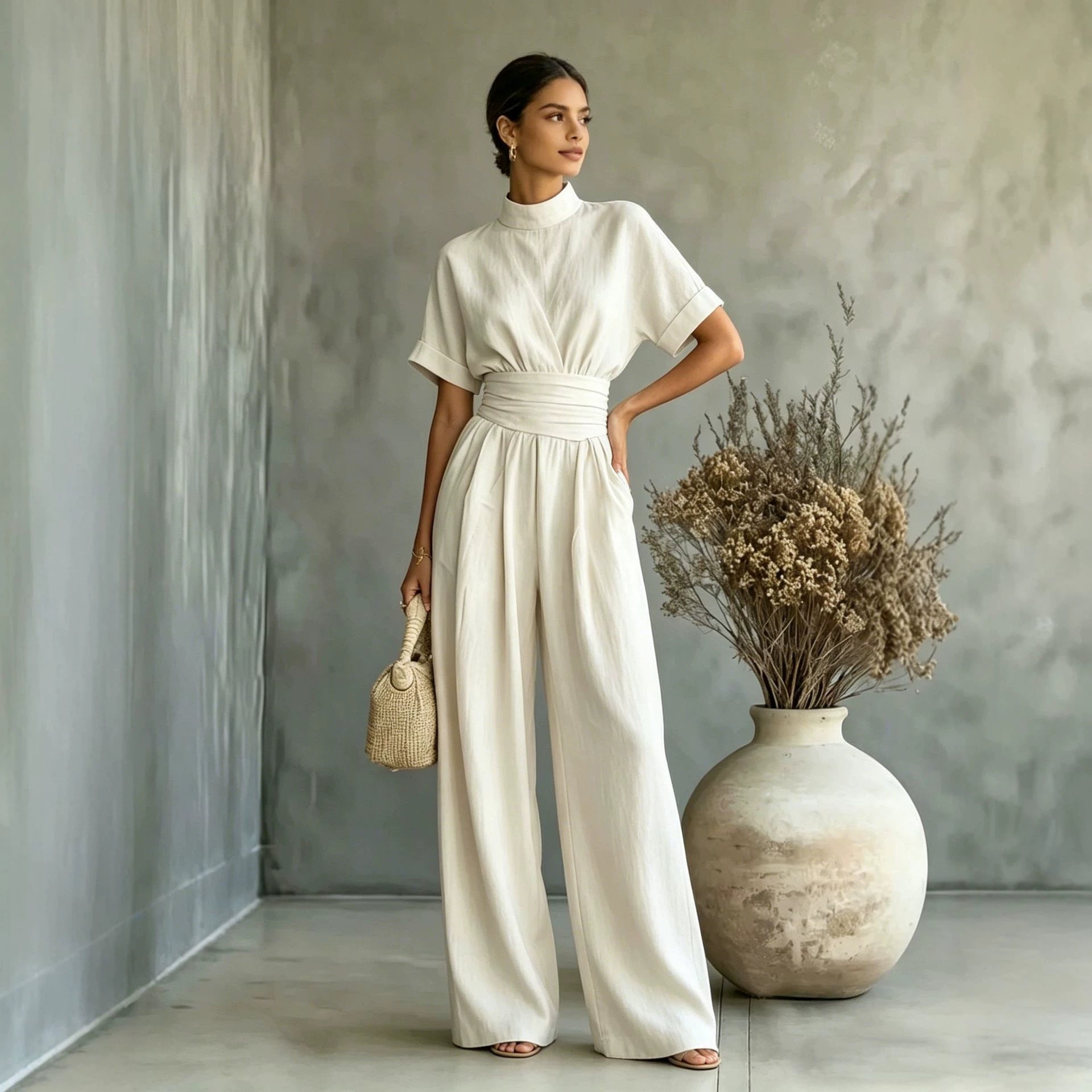 Half high neck short sleeved wide leg jumpsuit