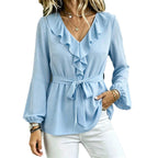 Elegante Damen Bluse mit V-Ausschnitt, Rüschen und Bindegürtel, Laternenärmel Langarm-Oberteil