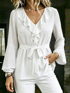 Elegante Damen Bluse mit V-Ausschnitt, Rüschen und Bindegürtel, Laternenärmel Langarm-Oberteil