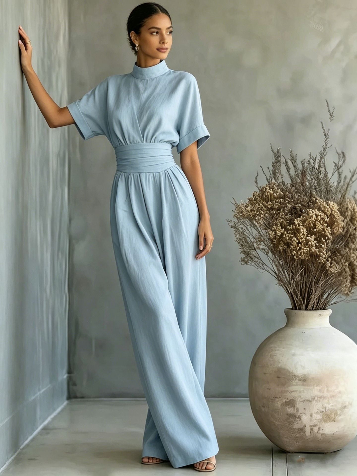 Half high neck short sleeved wide leg jumpsuit