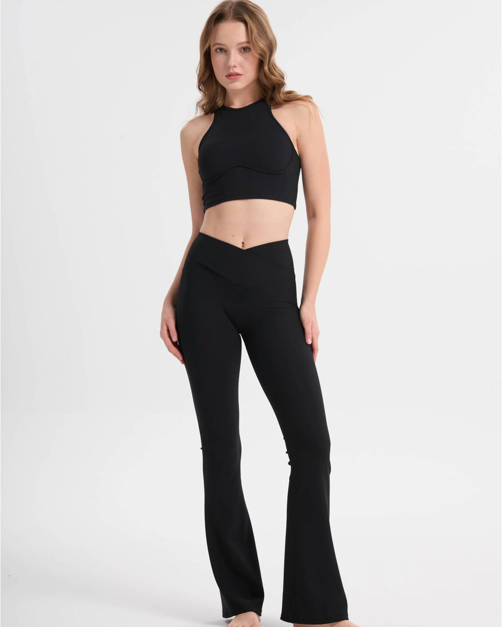 Ensemble legging bootcut taille haute + débardeur côtelé – Noir