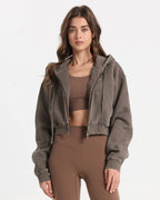 Cropped Zip Hoodie soft Sweat Denim-Look – Dunkelbraun