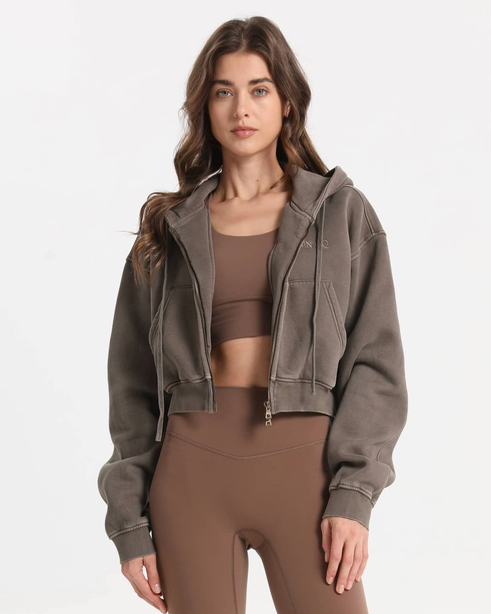 Cropped Zip Hoodie soft Sweat Denim-Look – Dunkelbraun