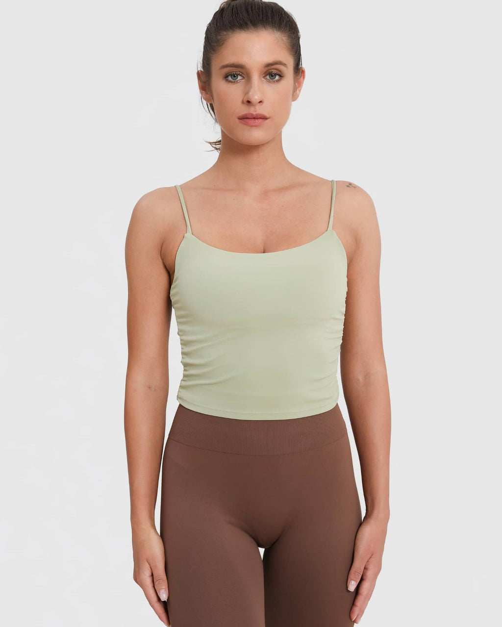 Set leggings froncés taille haute + débardeur sans couture - Mélange vert et marron