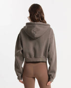 Cropped Zip Hoodie soft Sweat Denim-Look – Dunkelbraun