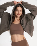 Cropped Zip Hoodie soft Sweat Denim-Look – Dunkelbraun