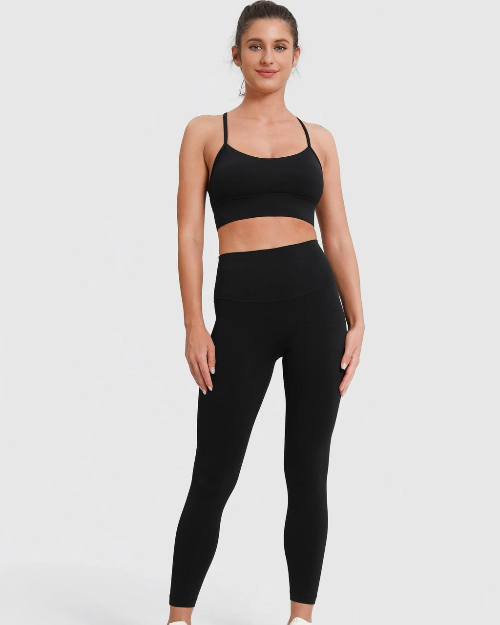 Legging taille haute + brassière de sport dos nageur sans coutures – Noir