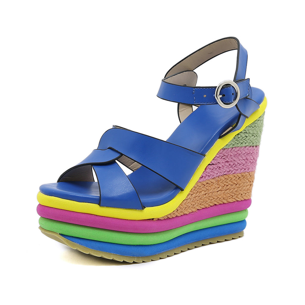 Nouvelles sandales compensées peep-toe Arc-en-ciel pour femmes