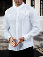 Mens SpringAutumn Small Stand Collar Striped Cardigan Solid Color Long-Sleeve Shirt