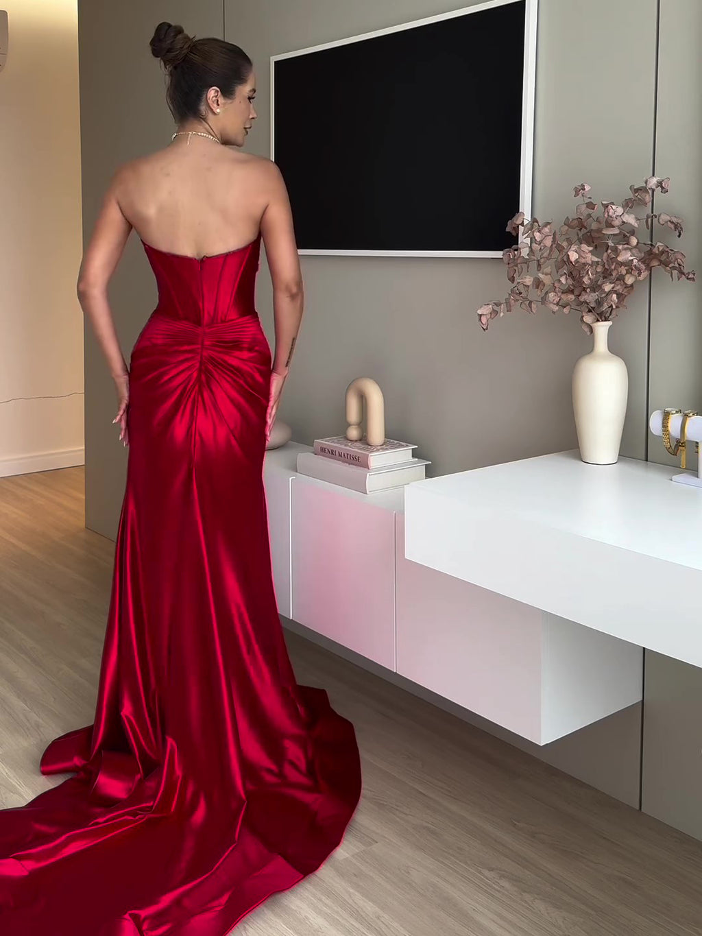 Robe de soirée bandeau fendue rouge extra longue