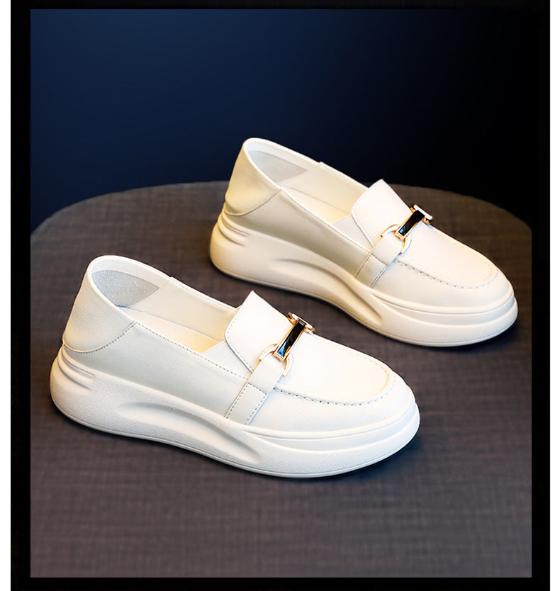 Chaussures blanches en cuir véritable pour femmes, mocassins à plateforme polyvalents et anti-explosion pour l'automne