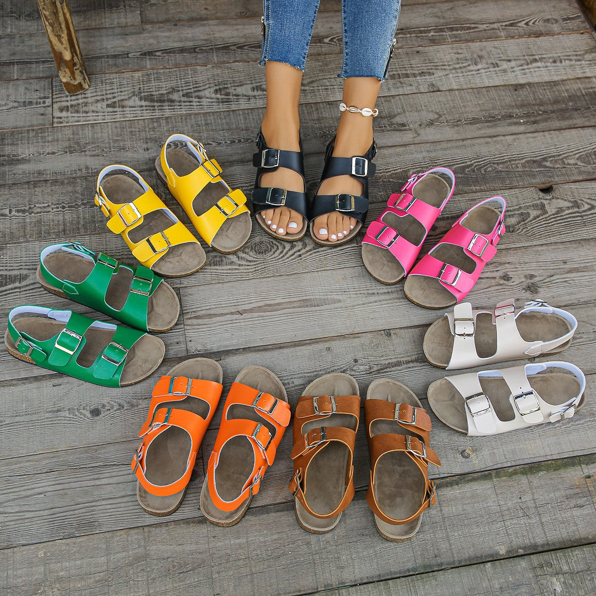 Women's Flat Sandals With A Square Buckle And Chunky Sole Casual Style