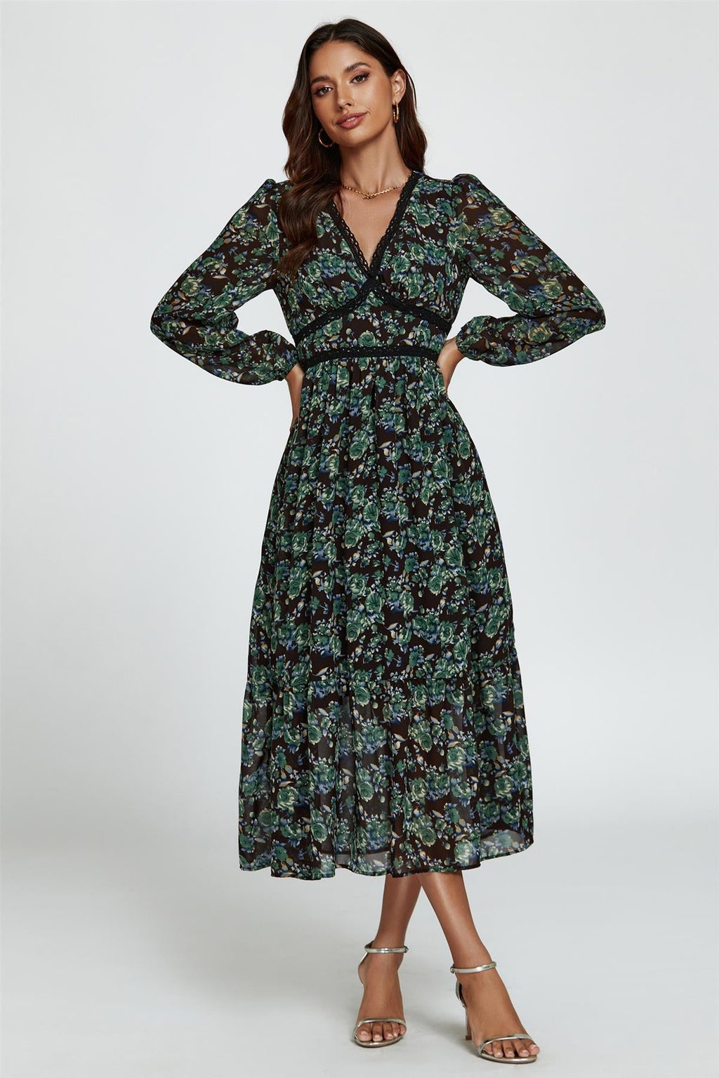 Geblümtes Langarm-Midikleid in Braun