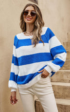 Blue Stripe Relaxed Knit Jumper Top In White