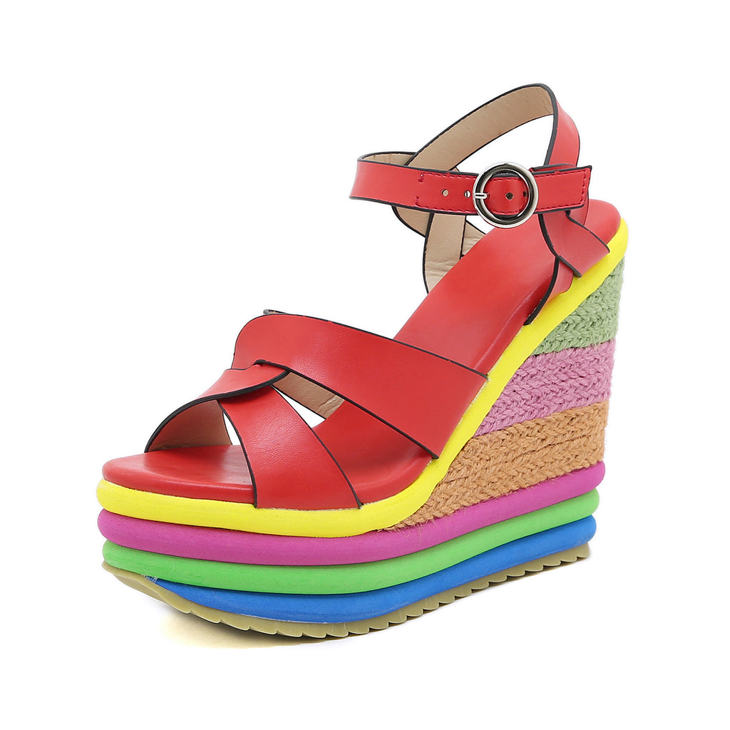 Nouvelles sandales compensées peep-toe Arc-en-ciel pour femmes