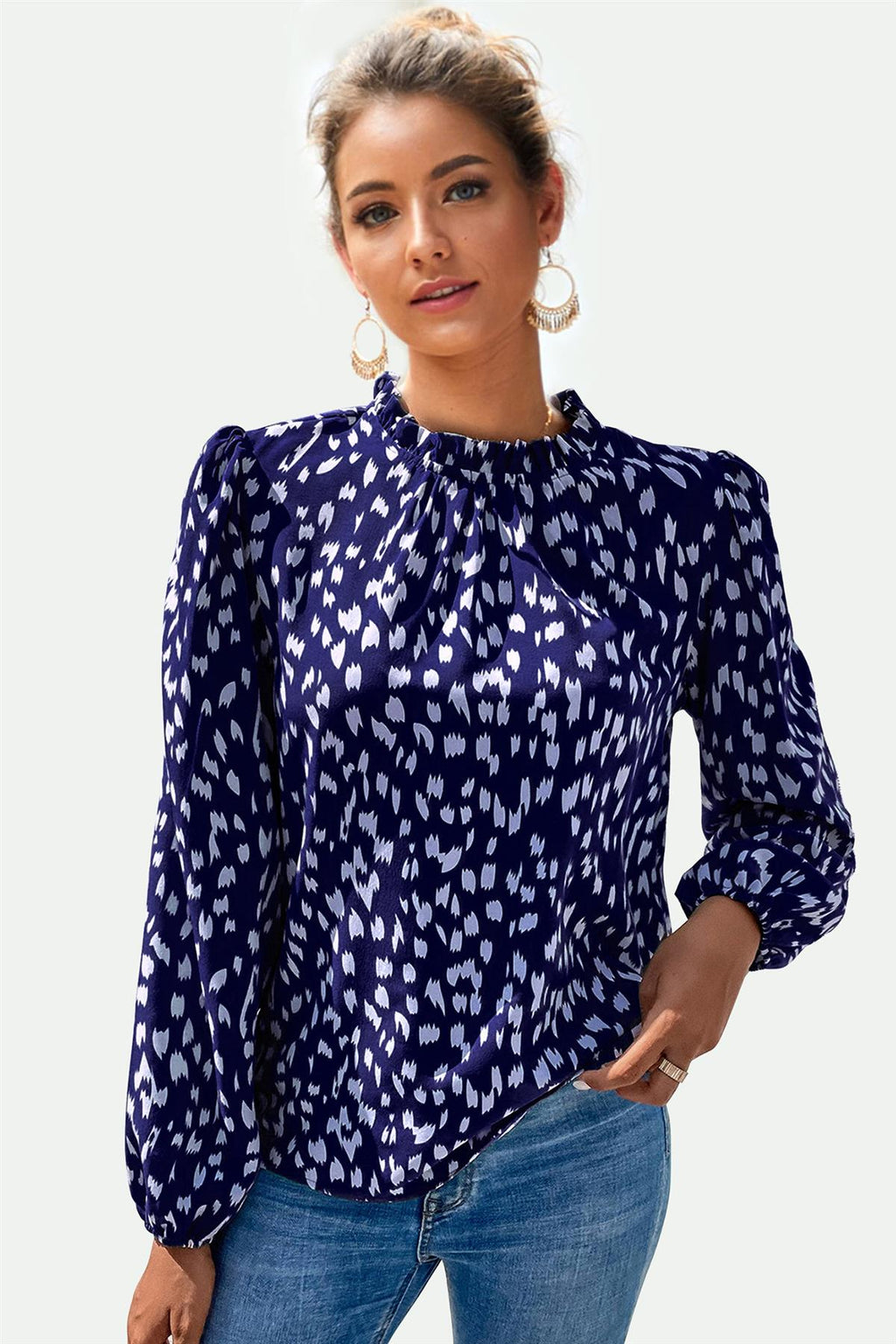 Animal-Print Rüschendetail Stehkragen-Top in Marineblau
