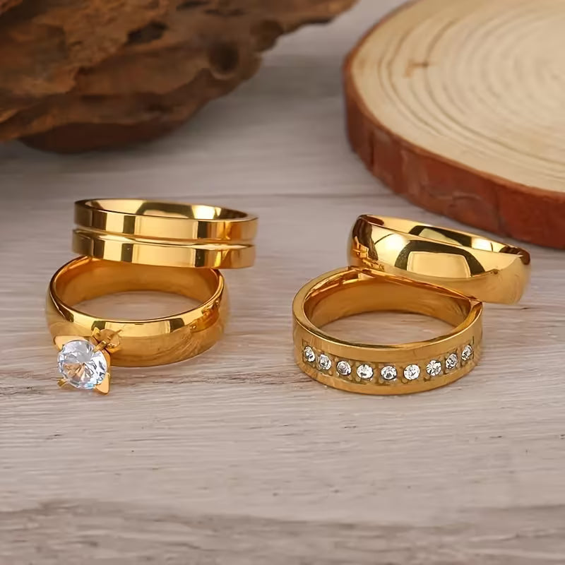 4-teiliges modisches Edelstahlring-Set, schlichte Retro-Ringe, bunte Steine